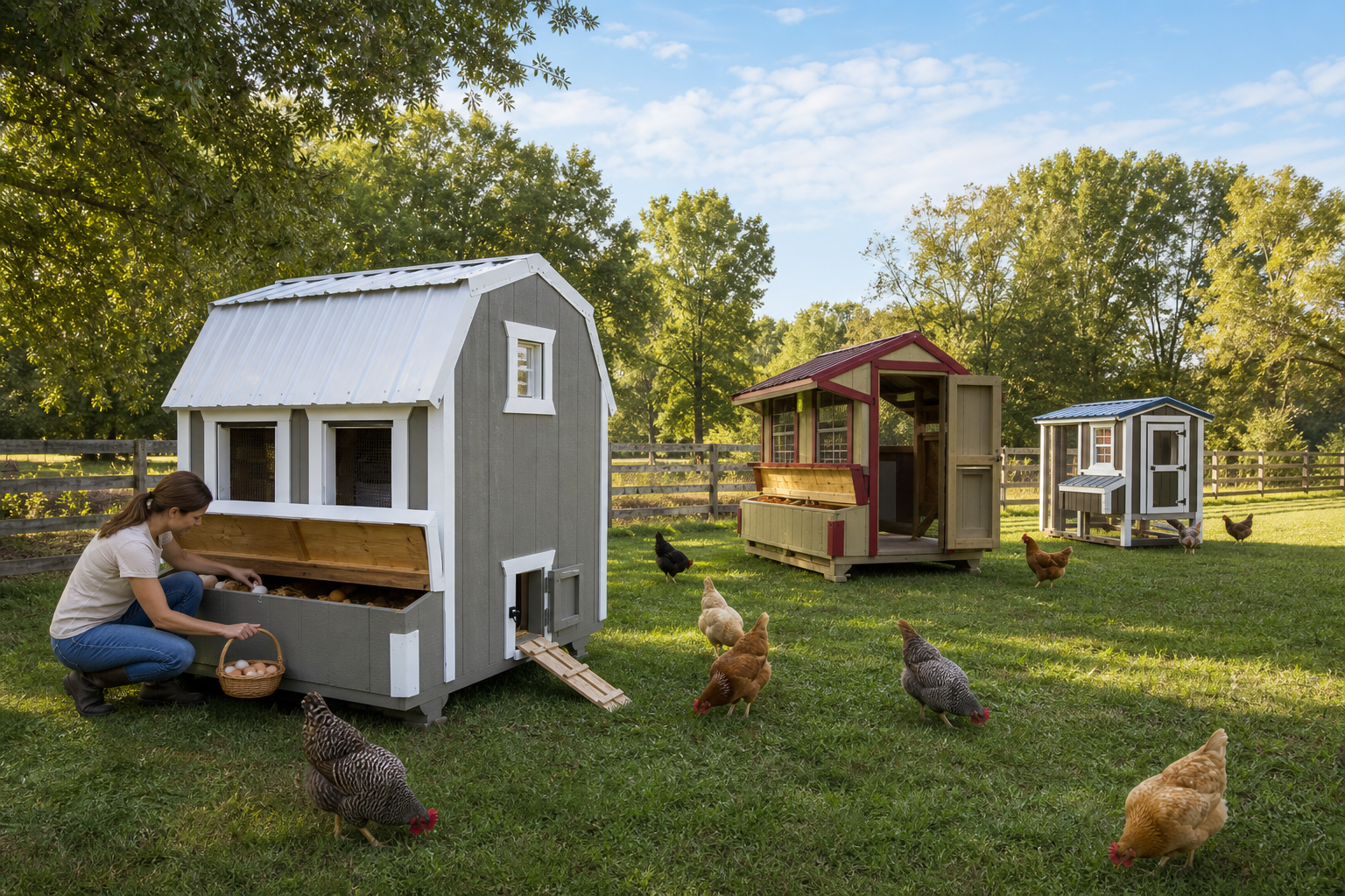 Several Overholt chicken coop models displayed outdoors