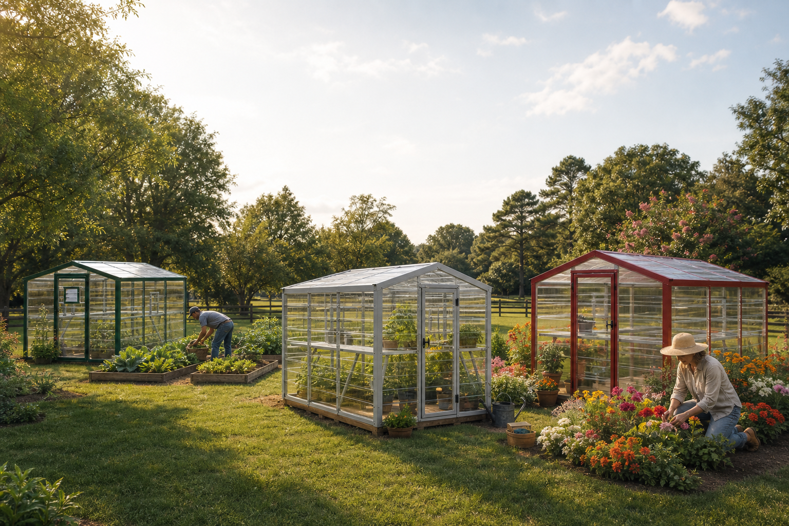 Several Overholt greenhouse models displayed outdoors